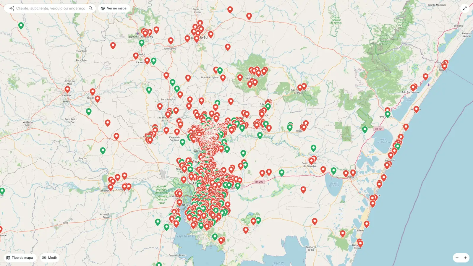 Mapa da frota em tempo real na plataforma Getrak